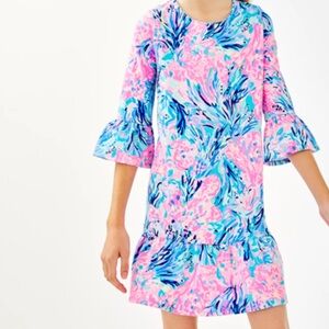 Lilly Pulitzer Girls Dress in blue and pink with Ruffled Bell Sleeves